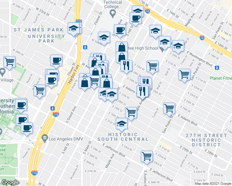 map of restaurants, bars, coffee shops, grocery stores, and more near South Figueroa Street in Los Angeles