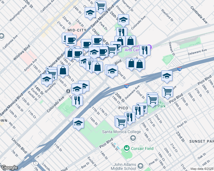 map of restaurants, bars, coffee shops, grocery stores, and more near in Santa Monica