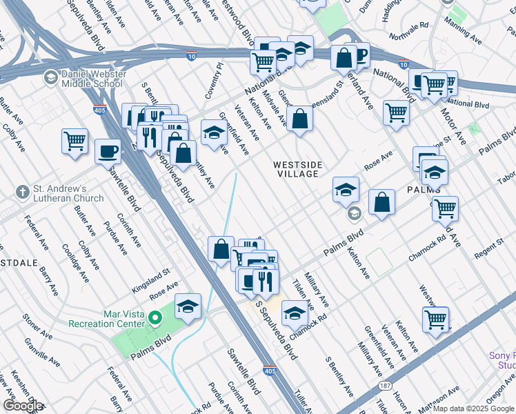 map of restaurants, bars, coffee shops, grocery stores, and more near 3262 Military Avenue in Los Angeles