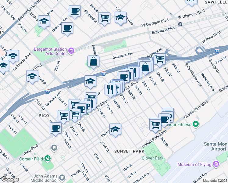 map of restaurants, bars, coffee shops, grocery stores, and more near 2624 Kansas Avenue in Santa Monica