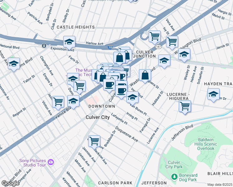 map of restaurants, bars, coffee shops, grocery stores, and more near 9400 Culver Boulevard in Culver City