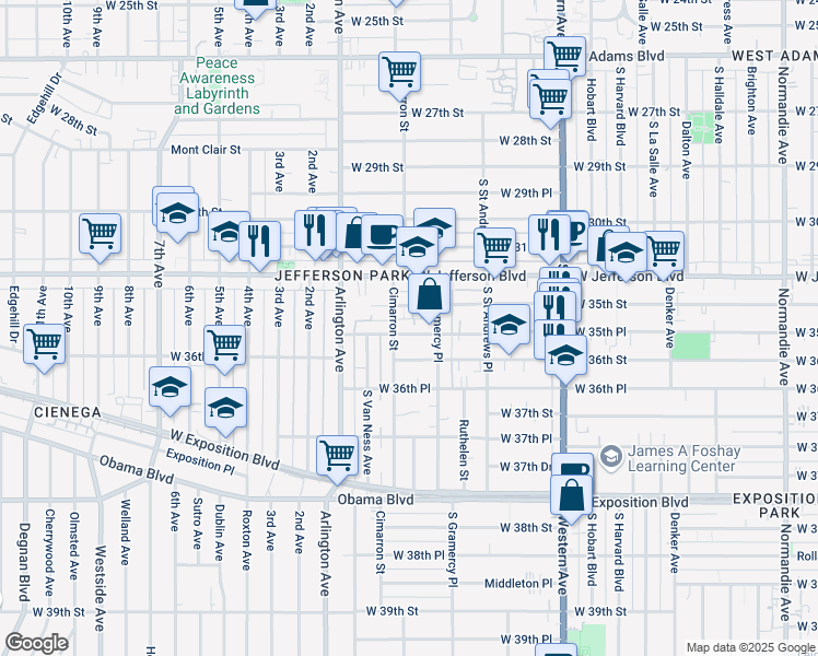 map of restaurants, bars, coffee shops, grocery stores, and more near 3500 Cimarron Street in Los Angeles