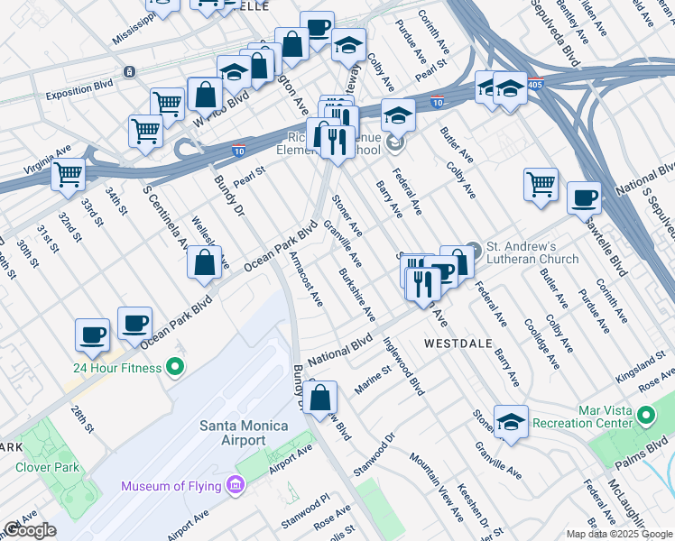 map of restaurants, bars, coffee shops, grocery stores, and more near 2723 Burkshire Avenue in Los Angeles