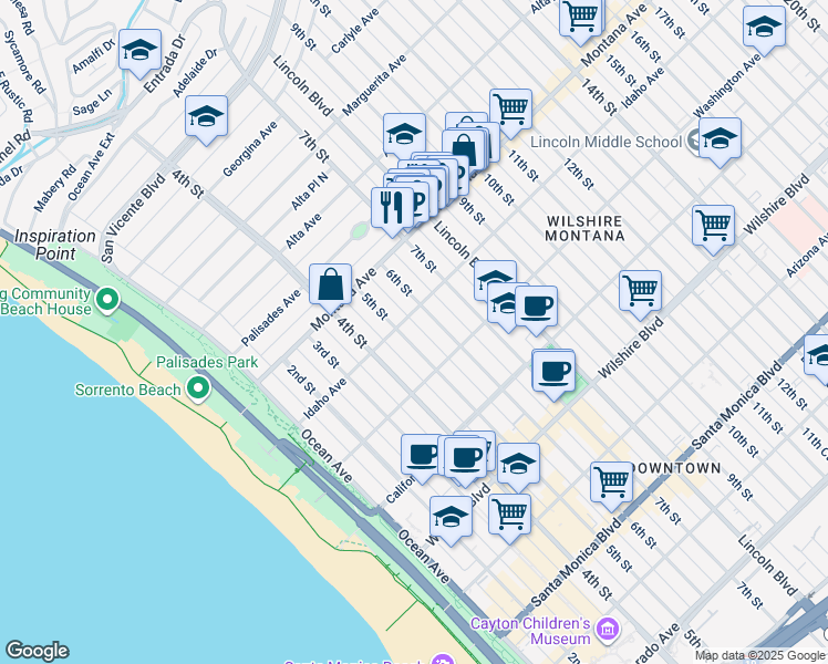map of restaurants, bars, coffee shops, grocery stores, and more near in Santa Monica