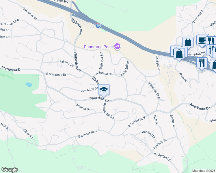 map of restaurants, bars, coffee shops, grocery stores, and more near 1721 Allison Way in Redlands