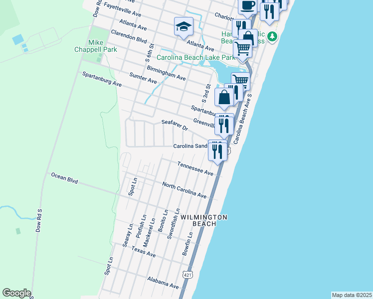 map of restaurants, bars, coffee shops, grocery stores, and more near 307 Carolina Sands Drive in Carolina Beach