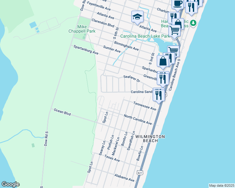 map of restaurants, bars, coffee shops, grocery stores, and more near 703 Carolina Sands Drive in Carolina Beach