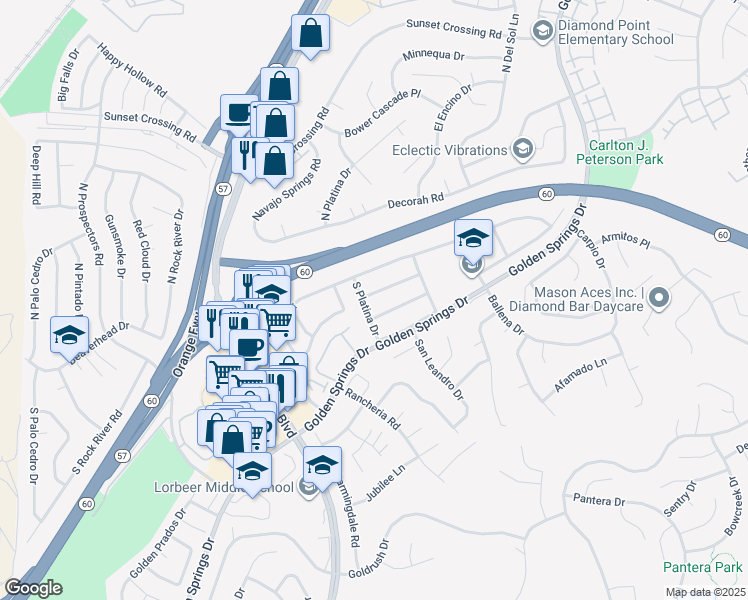 map of restaurants, bars, coffee shops, grocery stores, and more near 23710 Prospect Valley Drive in Diamond Bar