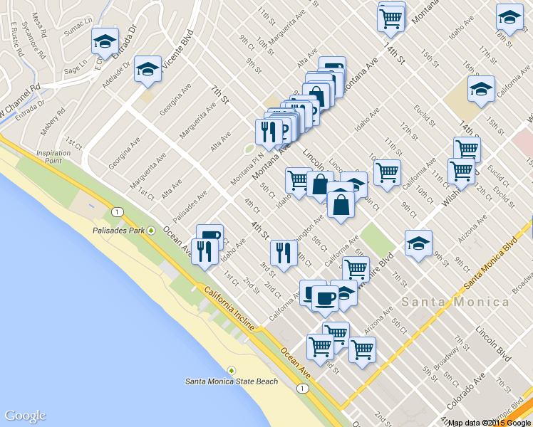 map of restaurants, bars, coffee shops, grocery stores, and more near 425 Idaho Avenue in Santa Monica