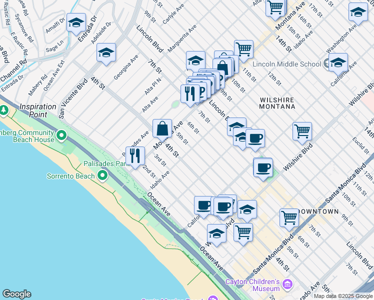 map of restaurants, bars, coffee shops, grocery stores, and more near 425 Idaho Avenue in Santa Monica