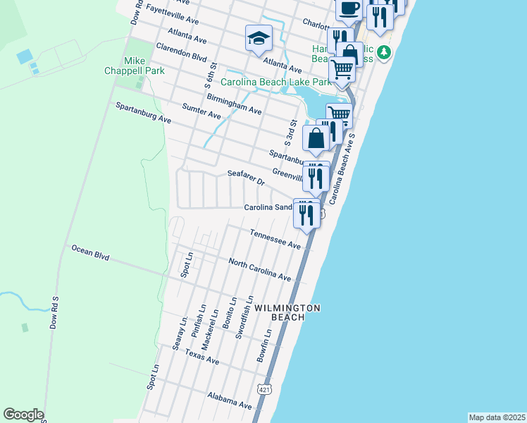 map of restaurants, bars, coffee shops, grocery stores, and more near 307 Carolina Sands Drive in Carolina Beach