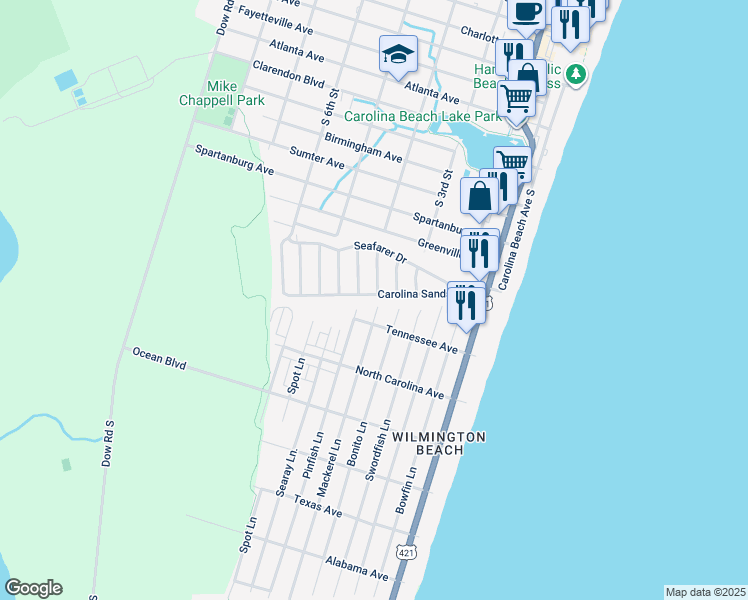 map of restaurants, bars, coffee shops, grocery stores, and more near 503 Carolina Sands Drive in Carolina Beach