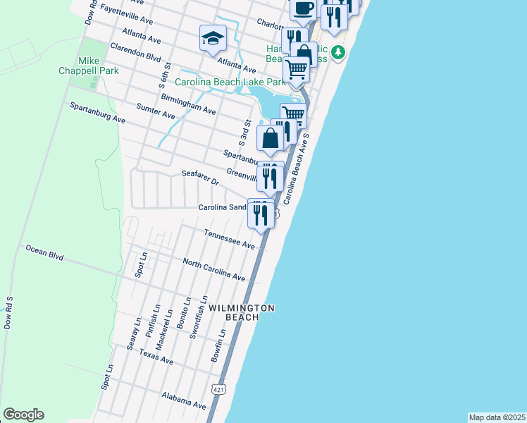 map of restaurants, bars, coffee shops, grocery stores, and more near 103 Carolina Sands Drive in Carolina Beach