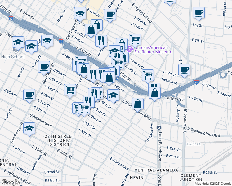 map of restaurants, bars, coffee shops, grocery stores, and more near 1319 East Washington Boulevard in Los Angeles