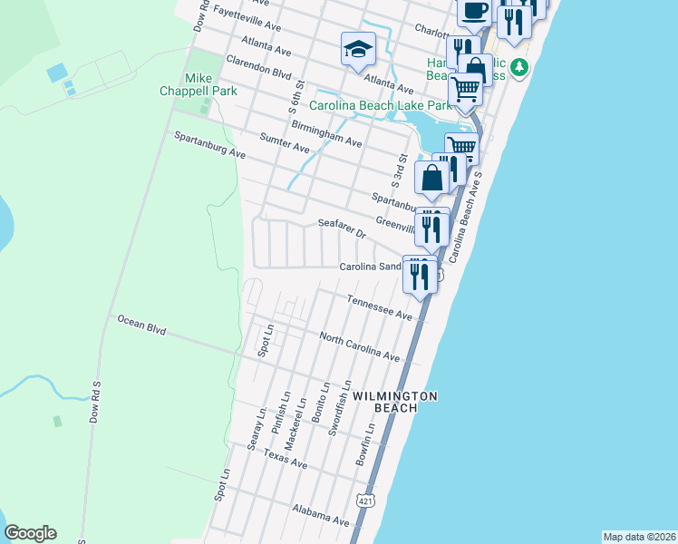 map of restaurants, bars, coffee shops, grocery stores, and more near 918 Tidewater Lane in Carolina Beach