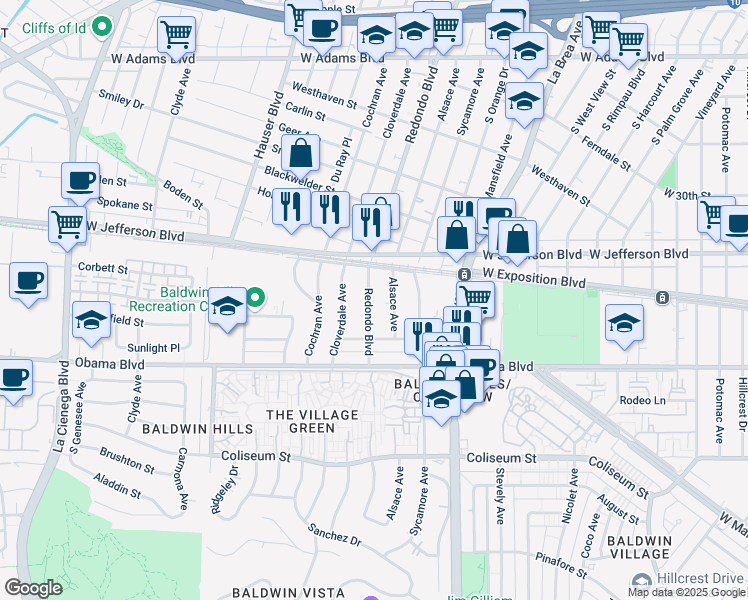 map of restaurants, bars, coffee shops, grocery stores, and more near 3430 South Redondo Boulevard in Los Angeles
