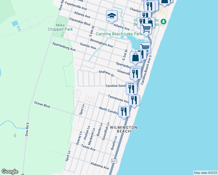 map of restaurants, bars, coffee shops, grocery stores, and more near 918 Tidewater Lane in Carolina Beach