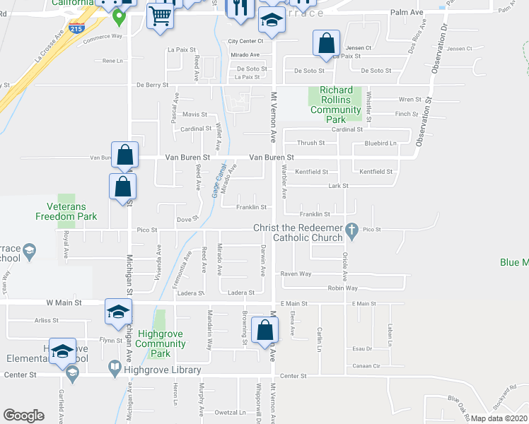 map of restaurants, bars, coffee shops, grocery stores, and more near 22435 Franklin Street in Grand Terrace