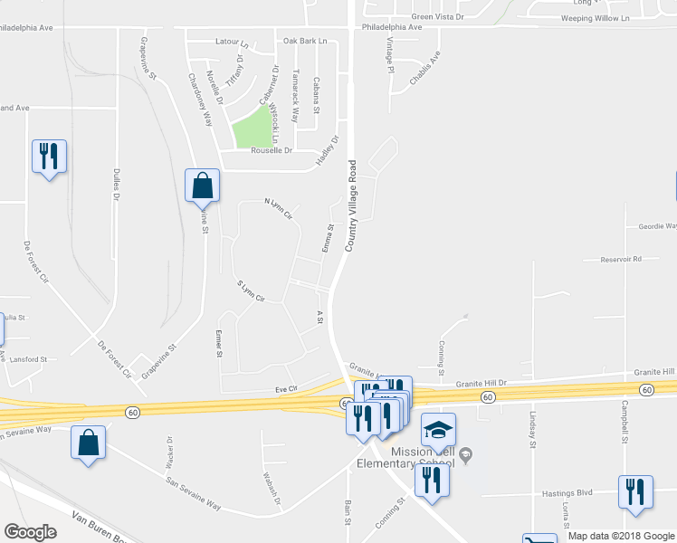 map of restaurants, bars, coffee shops, grocery stores, and more near 3535 Country Village Road in Riverside