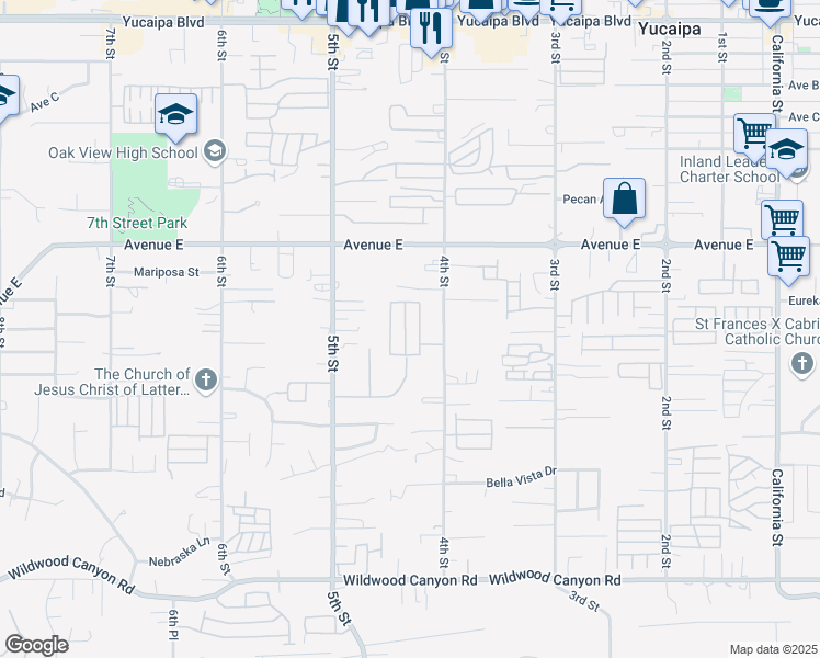 map of restaurants, bars, coffee shops, grocery stores, and more near 12680 4th Street in Yucaipa