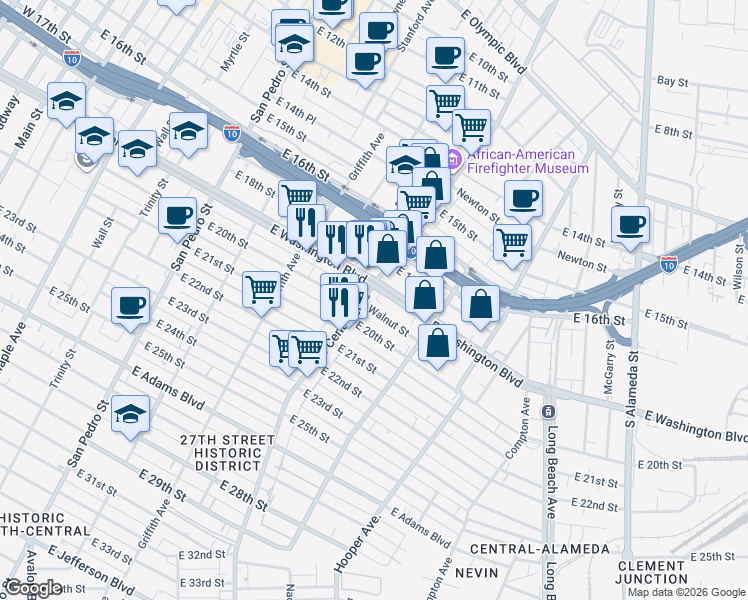 map of restaurants, bars, coffee shops, grocery stores, and more near 1900 South Central Avenue in Los Angeles