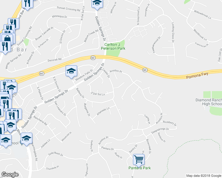 map of restaurants, bars, coffee shops, grocery stores, and more near 437 Carpio Drive in Diamond Bar