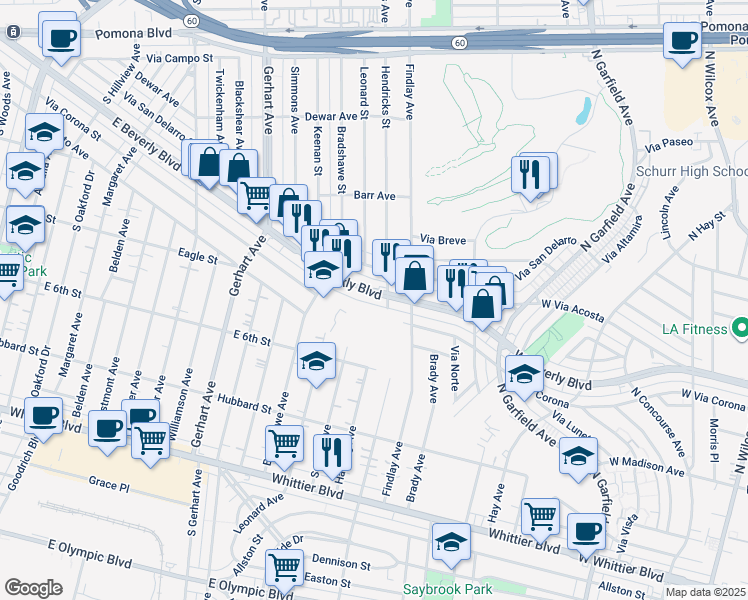 map of restaurants, bars, coffee shops, grocery stores, and more near 3311 West Beverly Boulevard in Montebello