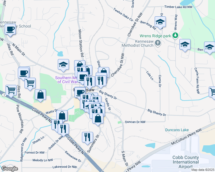 map of restaurants, bars, coffee shops, grocery stores, and more near 2904 Cherokee Street Northwest in Kennesaw