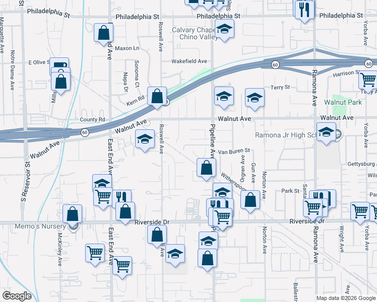 map of restaurants, bars, coffee shops, grocery stores, and more near 4047 Polk Court in Chino