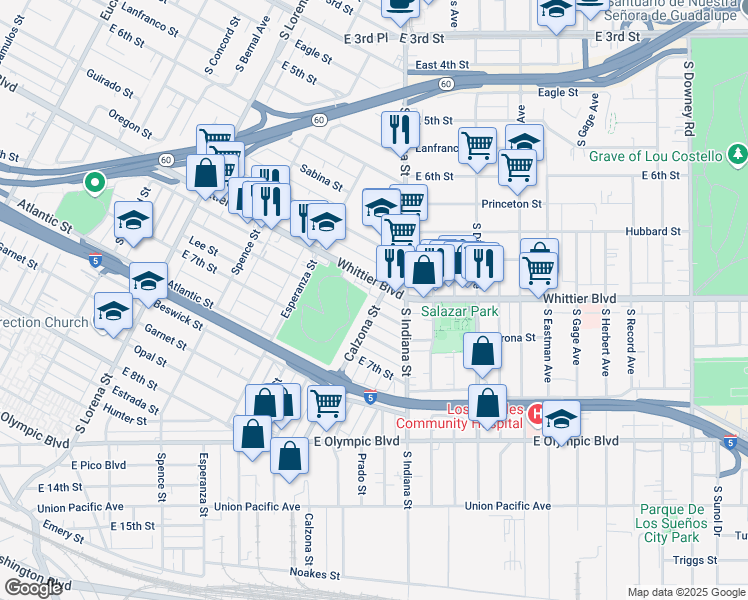 map of restaurants, bars, coffee shops, grocery stores, and more near 3666 Whittier Boulevard in Los Angeles