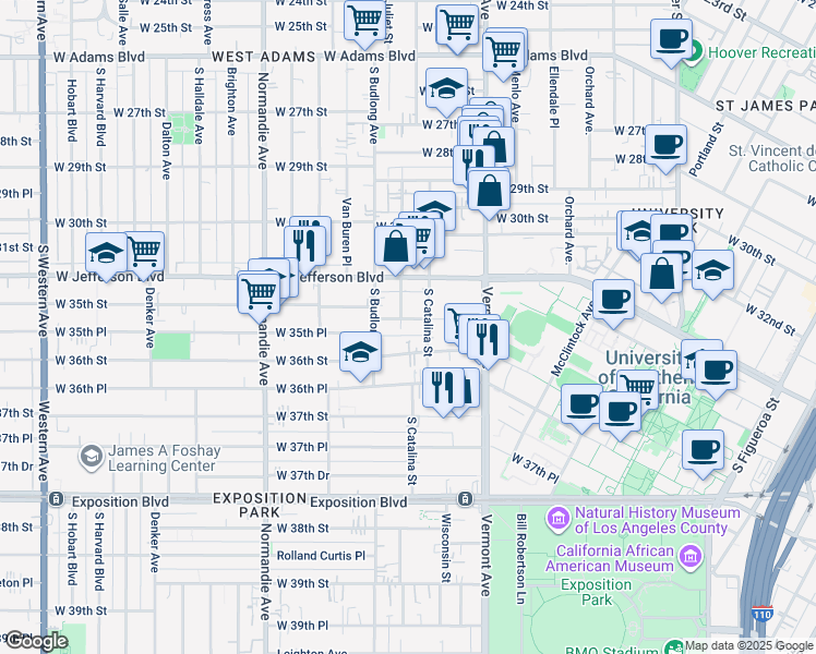 map of restaurants, bars, coffee shops, grocery stores, and more near 3430 Walton Avenue in Los Angeles