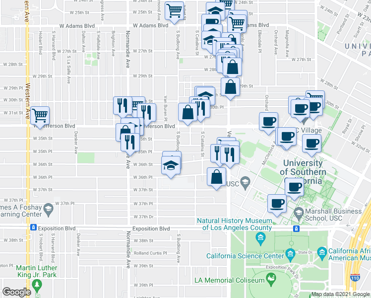 map of restaurants, bars, coffee shops, grocery stores, and more near 3505 Budlong Avenue in Los Angeles