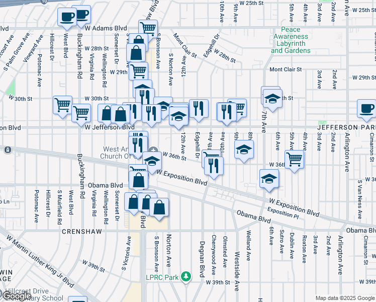 map of restaurants, bars, coffee shops, grocery stores, and more near 3505 12th Avenue in Los Angeles
