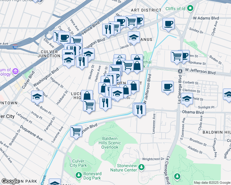 map of restaurants, bars, coffee shops, grocery stores, and more near 3590 Hayden Avenue in Culver City
