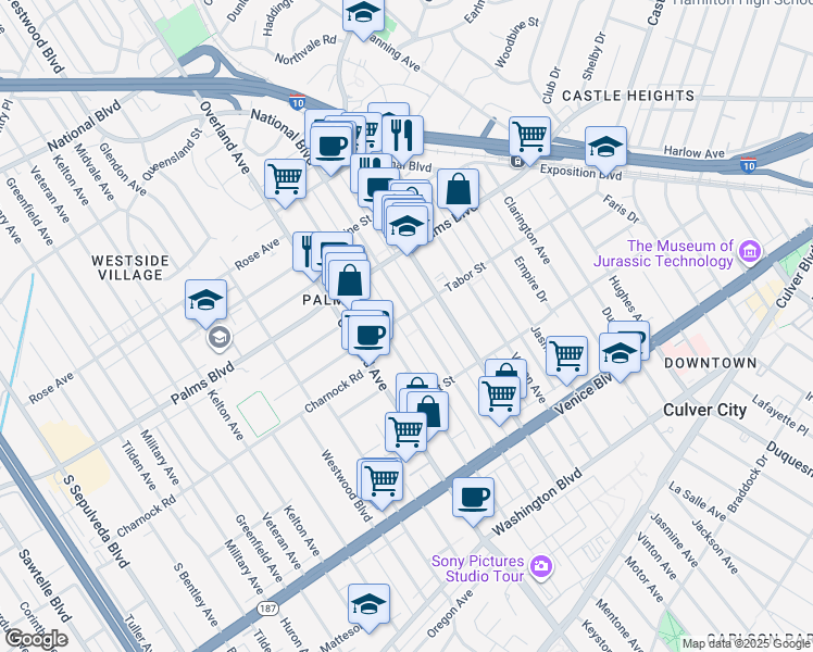 map of restaurants, bars, coffee shops, grocery stores, and more near 3568 Mentone Avenue in Los Angeles