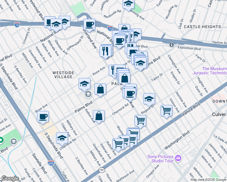 map of restaurants, bars, coffee shops, grocery stores, and more near 10740 Lawler Street in Los Angeles