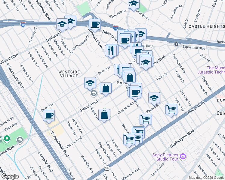 map of restaurants, bars, coffee shops, grocery stores, and more near 10740 Lawler Street in Los Angeles
