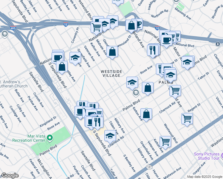 map of restaurants, bars, coffee shops, grocery stores, and more near 3317 Kelton Avenue in Los Angeles