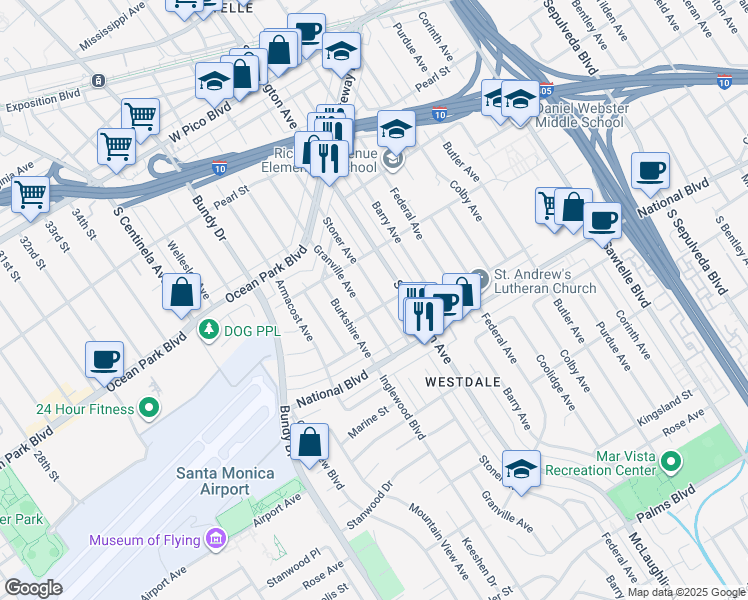 map of restaurants, bars, coffee shops, grocery stores, and more near 2731 Stoner Avenue in Los Angeles