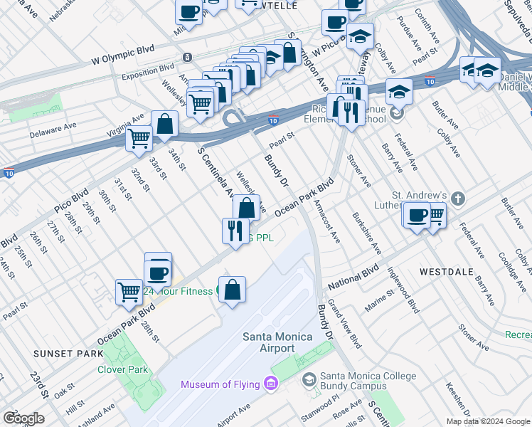 map of restaurants, bars, coffee shops, grocery stores, and more near 2592 Amherst Avenue in Los Angeles
