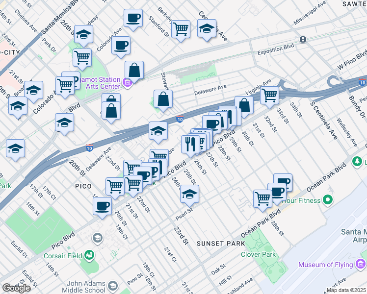 map of restaurants, bars, coffee shops, grocery stores, and more near 2519 Kansas Avenue in Santa Monica