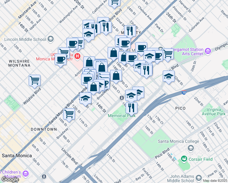 map of restaurants, bars, coffee shops, grocery stores, and more near 227 Broadway in Santa Monica