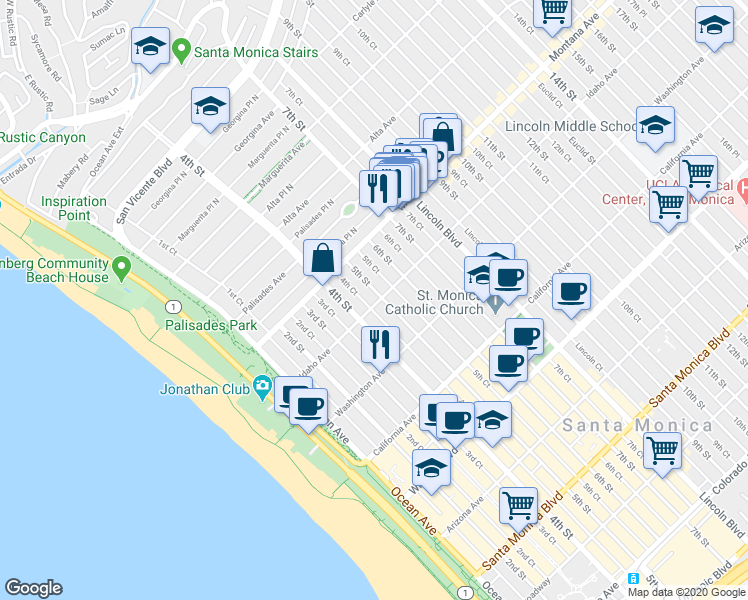 map of restaurants, bars, coffee shops, grocery stores, and more near 830 5th Street in Santa Monica