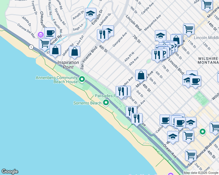 map of restaurants, bars, coffee shops, grocery stores, and more near 130 Alta Avenue in Santa Monica