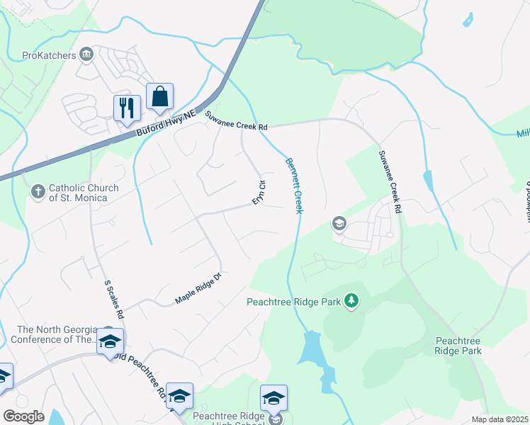 map of restaurants, bars, coffee shops, grocery stores, and more near 3394 Floral Court in Suwanee