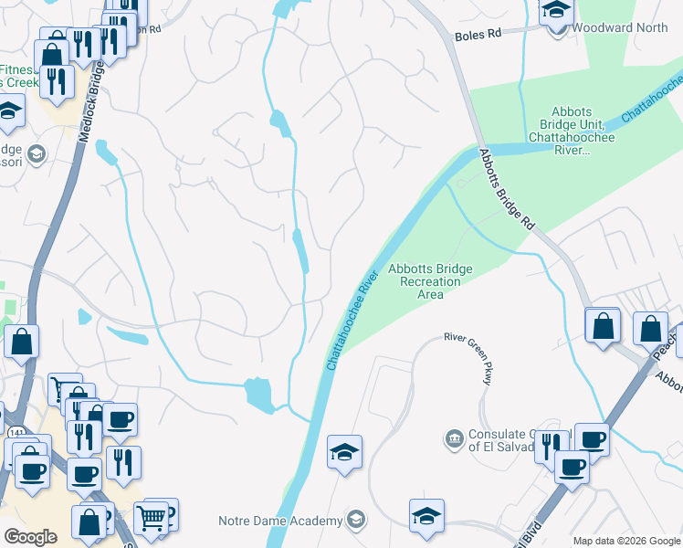 map of restaurants, bars, coffee shops, grocery stores, and more near 3141 Saint Ives Country Club Parkway in Duluth