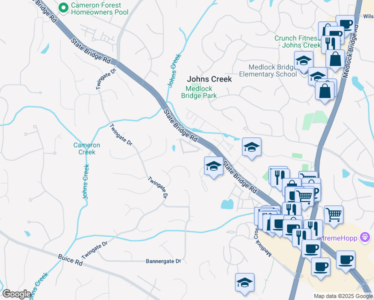 map of restaurants, bars, coffee shops, grocery stores, and more near 9872 Cameron Parc Circle in Alpharetta