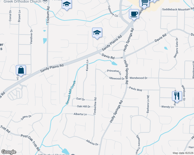 map of restaurants, bars, coffee shops, grocery stores, and more near 2710 Idlewood Drive in Marietta
