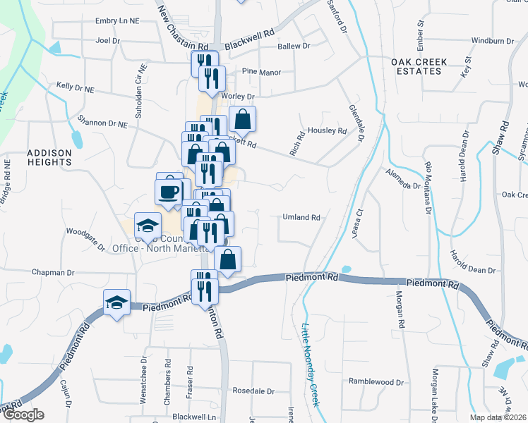 map of restaurants, bars, coffee shops, grocery stores, and more near 2862 Colleton Drive in Marietta