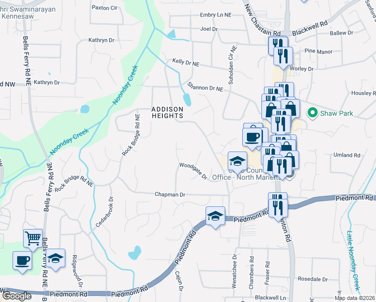 map of restaurants, bars, coffee shops, grocery stores, and more near 3003 Scott Road in Marietta
